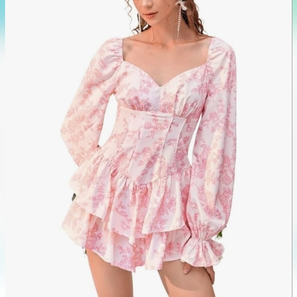 SHEIN Floral Toile Ruffle Pleated Romper Dress NWT - Picture 2 of 7